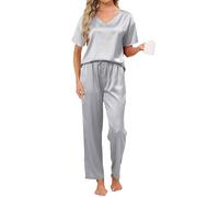 Reliwel Pigiama Donna Estivo Pigiama Corto Donna in Seta a Manica Corta Scollo V Pigiami Due Pezzi Camicia da Notte Morbido Comodo