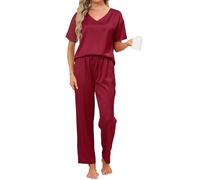 Reliwel Pigiama Donna Estivo Pigiama Corto Donna in Seta a Manica Corta Scollo V Pigiami Due Pezzi Camicia da Notte Morbido Comodo