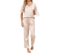 Reliwel Pigiama Donna Estivo Pigiama Corto Donna in Seta a Manica Corta Scollo V Pigiami Due Pezzi Camicia da Notte Morbido Comodo