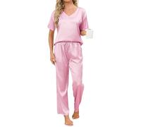 Reliwel Pigiama Donna Estivo Pigiama Corto Donna in Seta a Manica Corta Scollo V Pigiami Due Pezzi Camicia da Notte Morbido Comodo