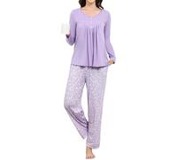 Reliwel Pigiama Donna Invernale Pigiama Donna Cotone Lungo Pigiama Due Pezzi da Donna Morbido e Caldo Scollo a V con Pantaloni Lunghi a Stampa e Tasche Viola XXL
