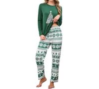 Reliwel Pigiama Natale Donna Pigiama Donna Caldo Cotone Comodo Pigiama di Natale Singolo Pantaloni Stampa Natalizia Girocollo Due Pezzi Natalizio Verde L