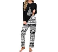 Reliwel Pigiama Natale Pijamas Natale Cotone Lungo Pigiama Donna Invernale Caldo Pigiami Natalizi Coordinati Capodanno Set Nero XL