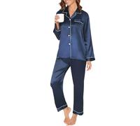 Reliwel Pigiami da Donna in Raso Pigiama Donna Due Pezzi a Maniche Lunghe Set Pigiama con Bottoni Seta Morbido Scollo V Aperto Davanti e Pantaloni Borse Laterali