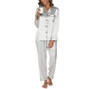 Reliwel Pigiami da Donna in Raso Pigiama Donna Due Pezzi a Maniche Lunghe Set Pigiama con Bottoni Seta Morbido Scollo V Aperto Davanti e Pantaloni Borse Laterali