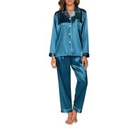 Reliwel Pigiami da Donna in Raso Pigiama Donna Due Pezzi a Maniche Lunghe Set Pigiama con Bottoni Seta Morbido Scollo V Aperto Davanti e Pantaloni Borse Laterali