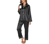 Reliwel Pigiami da Donna in Raso Pigiama Donna Due Pezzi a Maniche Lunghe Set Pigiama con Bottoni Seta Morbido Scollo V Aperto Davanti e Pantaloni Borse Laterali