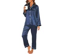 Reliwel Pigiami da Donna in Raso Pigiama Donna Due Pezzi a Maniche Lunghe Set Pigiama con Bottoni Seta Morbido Scollo V Aperto Davanti e Pantaloni Borse Laterali