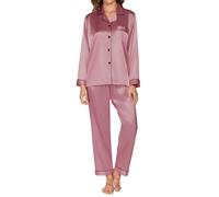 Reliwel Pigiami da Donna in Raso Pigiama Donna Due Pezzi a Maniche Lunghe Set Pigiama con Bottoni Seta Morbido Scollo V Aperto Davanti e Pantaloni Borse Laterali Rosa Scuro- S