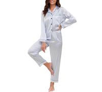 Reliwel Pigiami da Donna in Raso Pigiama Donna Due Pezzi a Maniche Lunghe Set Pigiama con Bottoni Seta Morbido Scollo V Aperto Davanti e Pantaloni Borse Laterali