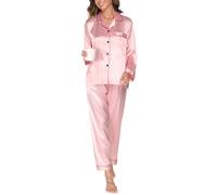 Reliwel Pigiami da Donna in Raso Pigiama Donna Due Pezzi a Maniche Lunghe Set Pigiama con Bottoni Seta Morbido Scollo V Aperto Davanti e Pantaloni Borse Laterali