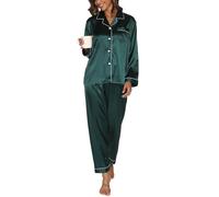 Reliwel Pigiami da Donna in Raso Pigiama Donna Due Pezzi a Maniche Lunghe Set Pigiama con Bottoni Seta Morbido Scollo V Aperto Davanti e Pantaloni Borse Laterali