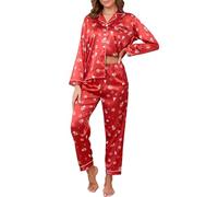 Reliwel Pigiami da Donna in Raso Pigiama Donna Due Pezzi a Maniche Lunghe Set Pigiama con Bottoni Seta Morbido Scollo V Aperto Davanti e Pantaloni Borse Laterali