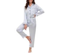 Reliwel Pigiami da Donna in Raso Pigiama Donna Due Pezzi a Maniche Lunghe Set Pigiama con Bottoni Seta Morbido Scollo V Aperto Davanti e Pantaloni Borse Laterali