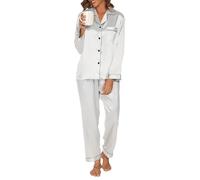 Reliwel Pigiami da Donna in Raso Pigiama Donna Due Pezzi a Maniche Lunghe Set Pigiama con Bottoni Seta Morbido Scollo V Aperto Davanti e Pantaloni Borse Laterali