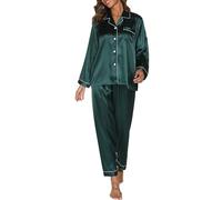 Reliwel Pigiami da Donna in Raso Pigiama Donna Due Pezzi a Maniche Lunghe Set Pigiama con Bottoni Seta Morbido Scollo V Aperto Davanti e Pantaloni Borse Laterali