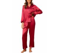 Reliwel Pigiami da Donna in Raso Pigiama Donna Due Pezzi a Maniche Lunghe Set Pigiama con Bottoni Seta Morbido Scollo V Aperto Davanti e Pantaloni Borse Laterali