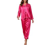 Reliwel Pigiami da Donna in Raso Pigiama Donna Due Pezzi a Maniche Lunghe Set Pigiama con Bottoni Seta Morbido Scollo V Aperto Davanti e Pantaloni Borse Laterali