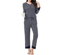 Reliwel Set pigiama da donna in cotone a maniche lunghe da donna set pigiama a righe loungewear comodo camicia da notte con tasche, blu navy, S