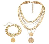 RELKLYU 1 Collana E 1 Braccialetto, Collana Multistrato, Gioielli in Stile Punk, Gioielli in Metallo Vintage.