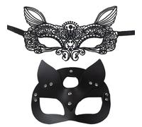 RELKLYU 2 Pezzi di Maschera per Gatti Neri, Maschera per Gli Occhi in Pizzo in Pelle Creativa, Oggetti di Scena del Palcoscenico, Decorazione Facciale per Feste da Ballo di Carnevale.