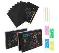 Relota 50 Pezzi Scratch Art Bambini Set, Fogli Arcobaleno da Grattare con 5 Stilo in Legno, 4 Righelli Modello, Blocco da Disegno Rainbow Scratch Paper per Appunti, Disegni, Giochi, Scrittura