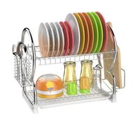 RELOVE Scolapiatti a 2 Livelli Scolapiatti da Appoggio 2 Livelli Acciaio Inossidabile Scolapiatti da Lavello Rastrelliera per Tagliere con Vassoio Antigoccia,Multifunzione Staccabile 40*24*38 cm