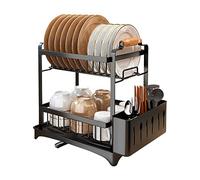 RELOVE Scolapiatti Bianco,Colapiatti 2 Ripiani,in acciaio inox,Scolapiatti Compatto,Scolapiatti da Appoggio per lavello,con porta utensili,portabicchieri,36 * 26 * 37,5 cm - Nero