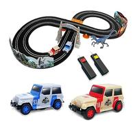 Relsy Pista Elettrica Jurassic World 102011JW con 2 Auto, Figura Dinosauro e Accessori, Giocattoli Jurassic Park - Pista da Corsa 2,4M per Bambini (Inseguimento Dino)