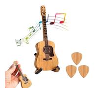 Remarkdo Wooden Acoustic Guitar Pick Box, Mini Decorative Plectrum Holder with Stand, Engraved Natural Wood Craft Ornament, Unique Desktop Gift for Music Lovers