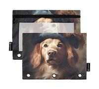 Rembrandt - Astuccio con 3 raccoglitori ad anelli, motivo ritratto con un eccentrico Golden Retriever nell'immagine, stile classico con pittura a olio, 2 cartelle di file per esami in ufficio,