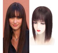 RemeeHi Parrucca da donna con capelli umani lisci o toupee, capelli sottili, realizzati a mano con 3 clip, base più grande, 13 x 13,30 cm, marrone scuro