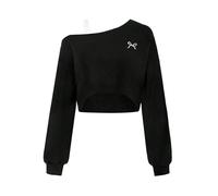 Remidoo Top con spalle scoperte da donna felpa corta a maniche lunghe top asimmetrico patchwork camicia, Fiocco Nero, M