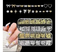 REMMUSSS Metallo 3D Nail Decorazione, 2 Scatola Charm Dorati per Unghie, Stelle Fiocchi Cuore d'amore Fiore Rivetti Unghie Artistiche Gioielli per Ragazze e Donne, Decorazioni Nail Art