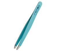 remos - pinzette per le sopracciglia in acciaio inox con rivestimento turchese - punta obliqua - 9 cm