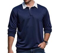 Remxi Polo da uomo a maniche lunghe, casual, con bottone verso il basso, felpe, per uomo, classico, a contrasto, camicia, blu navy, L