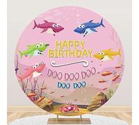 Renaiss 2,2 x 2,2 m Shark Family Round Backdrop Covers per Photoshoot bambini ritratti colorati squali pesci Doo cerchio rosa sfondo fotografia Happy Birthday Party Decors Photo Booth Puntelli