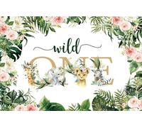 Renaiss 2.2x1.5m Sfondo fotografico selvaggio per bambini Sfondo per il primo compleanno Foglie Fiori rosa Animali della giungla Sfondo Decorazione per feste di compleanno Puntelli da tavolo per torte
