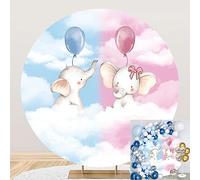 Renaiss 2.2x2.2m Elefante Rivelazione di genere Fondale tondo Blu rosa Cielo Nuvola Copertura sfondo cerchio Neonato Compleanno Decorazione per feste Baby doccia Tessuto in poliestere Foto Prop