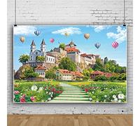 Renaiss 3x2.5m Castello Fotografia Fondale Giardino da sogno Fiore Cielo blu Mongolfiera Sfondo Bambino Fiaba Principessa e principe Compleanno Festa di nozze Banner Studio fotografico Puntelli