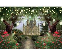 Renaiss Fondale in vinile con castello della foresta, 1,5 x 0,9 m, antico castello medievale nel paese delle meraviglie della foresta delle fate e luci scintillanti, sfondo fotografico per feste di