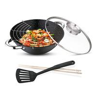 RENBERG Wasabi Wok | Padella Wok con Rivestimento in Marmo e Coperchio in Vetro | Molteplici Funzioni e Accessori | Wok in Ferro Fuso | Compatibile Piano di Cottura a Induzione