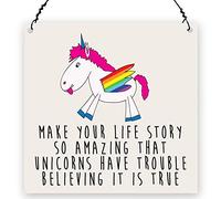 Rendi la tua vita cosí straordinaria che anche gli unicorni faticheranno a crederci, targhetta metallica da appendere, scritta in inglese motivazionale, idea regalo