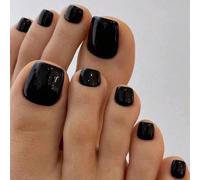 Rendi te stessa piú affascinante - Set di unghie finte corte, quadrate, alla moda, lucide con design nero, copertura totale delle dita dei piedi, adatto per feste, balli e uso quotidiano, unghie in ge