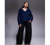 Renee Studio - Cardigan in maglia soffice blu navy con motivo a rombi lamé e bottoni a forma di stella-Grigio 52