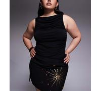 Renee Studio - Minigonna in velluto nera con spacco laterale, strass e pietre-Nero 44