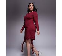 Renee Studio - Vestito corto a maniche lunghe sinuoso in tessuto doppio modellante bordeaux con dettagli drappeggiati e orlo asimmetrico-Rosso 50