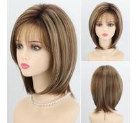 RENERSHOW Parrucche corte marroni per donne bianche 30,5 cm a strati marrone mix biondo media lunghezza Pixie Bob parrucca con frangia dritto calore sintetico naturale festa quotidiana parrucca di
