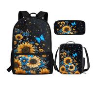 Renewold Set di 3 zaini per la scuola, con portapranzo, astuccio per matite e ragazze, per bambini dai 6 ai 18 anni, portatile, multifunzionale, Girasole farfalla, Taglia unica, Zaino casual
