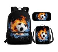 Renewold Set di 3 zaini per la scuola, con portapranzo, astuccio per matite e ragazze, per bambini dai 6 ai 18 anni, portatile, multifunzionale, Calcio fresco, Taglia unica, Zaino casual